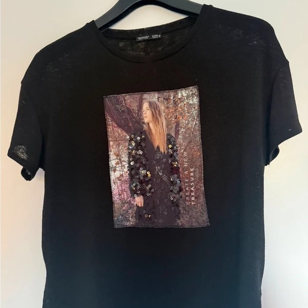 Zara Black Short Sleeve Tee with Sequin Photo Patch